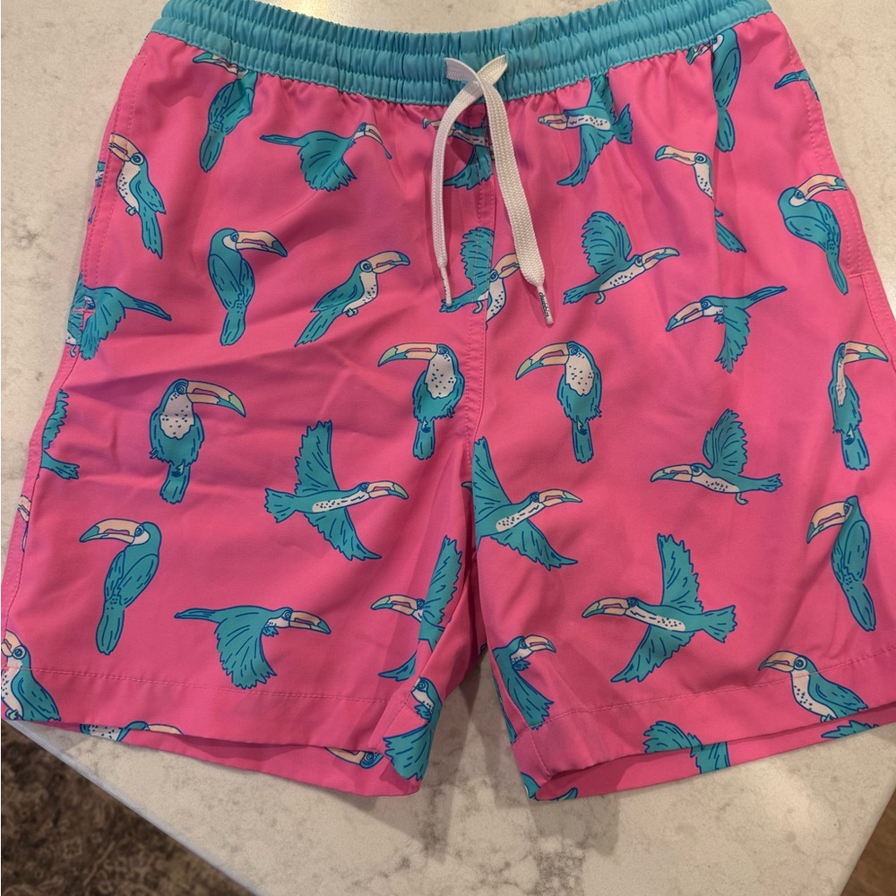 chubbies Pink Swim Trunks with Teal Toucan Print